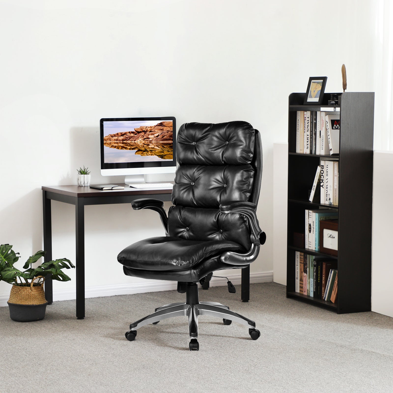 Office Chair Home Desk Chair With Flip Up Armrests, 360 Swivel Wheels, Adjustable Height Black Foam Pu Leather