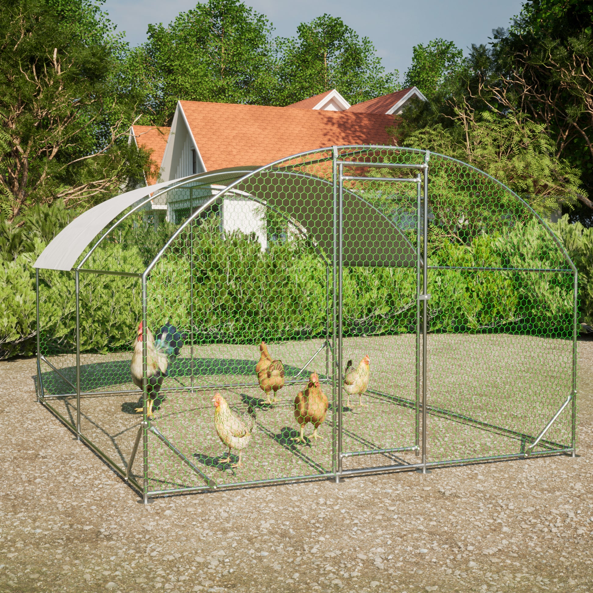 Large Chicken Coop Metal Chicken Run With Waterproof And Anti Uv Cover, Dome Shaped Walk In Fence Cage Hen House For Outdoor And Yard Farm Use, 1" Tube Diameter, 9.84' X 13.12' X 6.56' Silver Metal