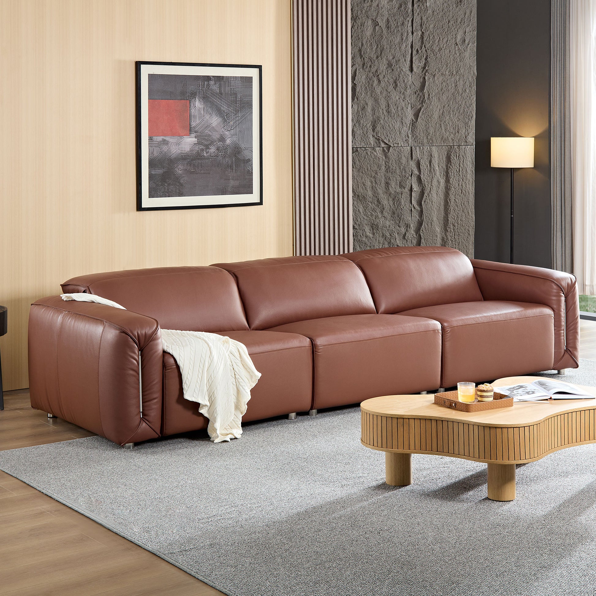 Modern Simple Line Design 3 Seater Leather Sofa For Living Room, Comfy Sofa Couch With Extra Deep Seats,Adjustable Headrests Couch,Brown Brown Leather 3 Seat