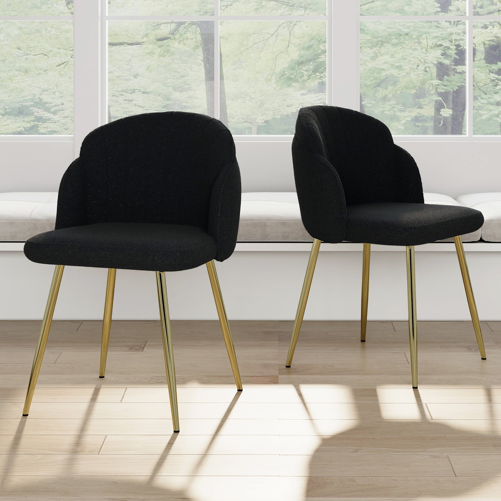 Modern Simple Black Teddy Fleece Dining Chair Fabric Upholstered Chairs Home Bedroom Stool Back Dressing Chair Gold Metal Legs Set Of 2 Black Foam Metal