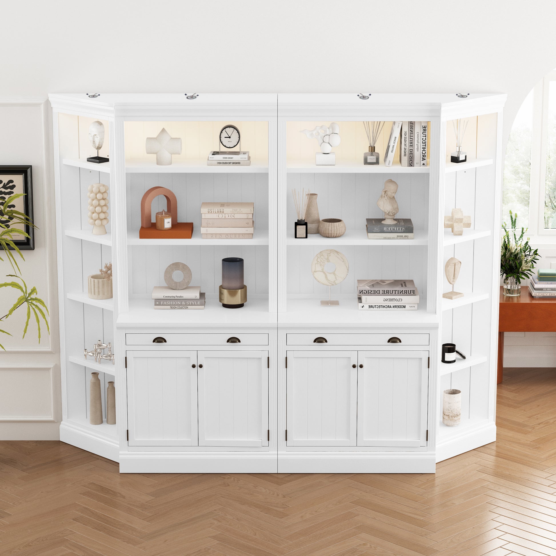 83.4"Tall Two Bookshelf With Two Corner Shelf Suite,Bookcase With 2 Doors And 1 Drawer,5 Tier Corner Shelf With Open Shelves,Free Standing Shelves Suite With Led Lighting For Living