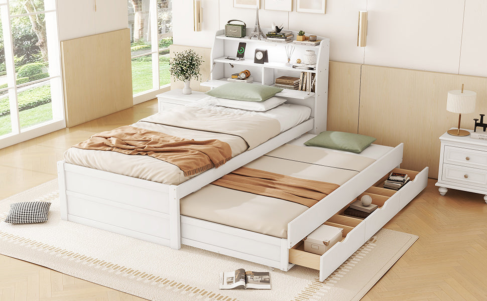 Twin Size Wooden Led Platform Bed With Trundle, With Storage Headboard, With Drawers, White Twin White Plywood