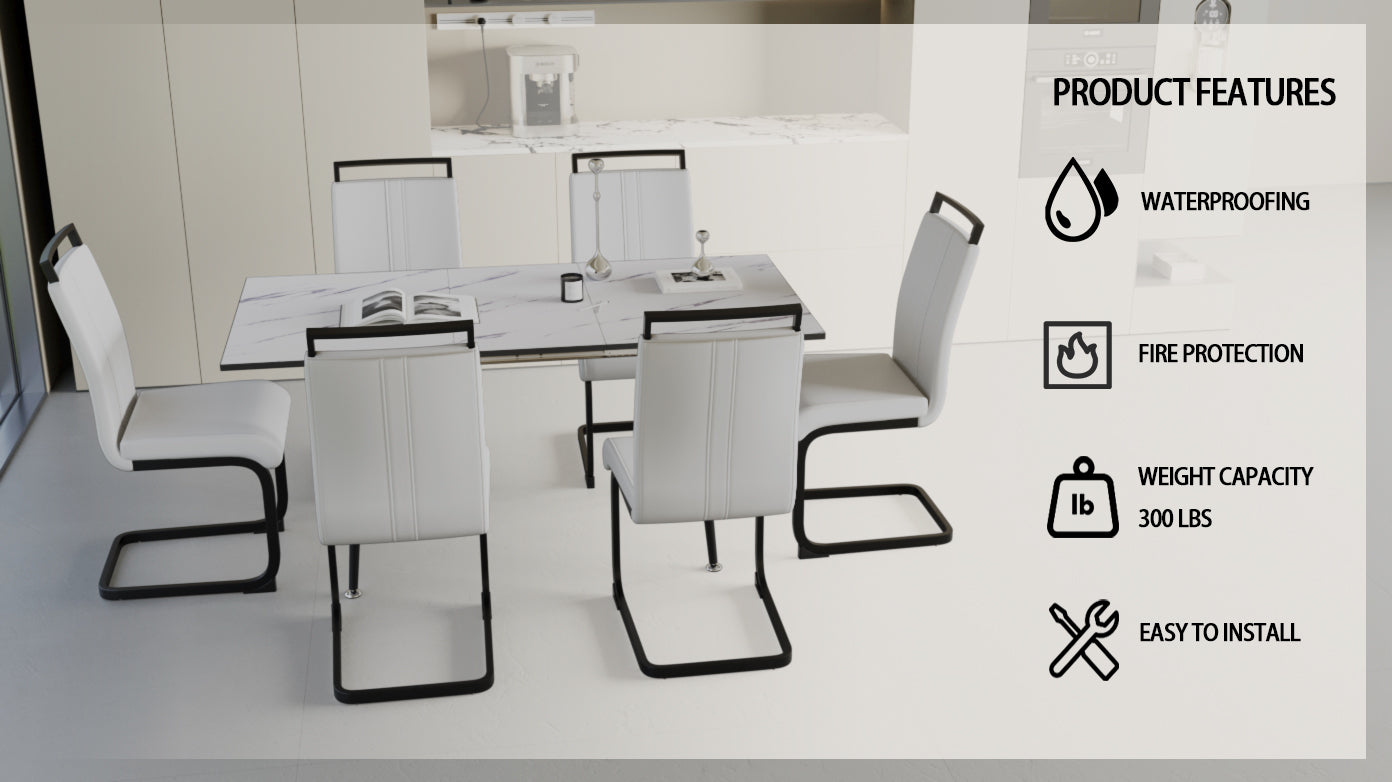 An Expandable Dining Table Set For 2 6 People, Equipped With A C Shaped Tubular Cushioned Armless Dining Chair And An Elegant And Spacious Dining Table Kitchen Table And Chair Set, With Metal Legs White Mdf
