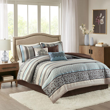 7 Piece Comforter Set Blue King King Blue Polyester