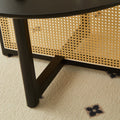Mid Century Wooden Coffee Table With Pe Cane Stand, 31.5 Inch Round Solid Wood Bohemian Style Coffee Table, Unique Central Cocktail Table For Living Rooms, Apartments And Offices Black Rubber Wood