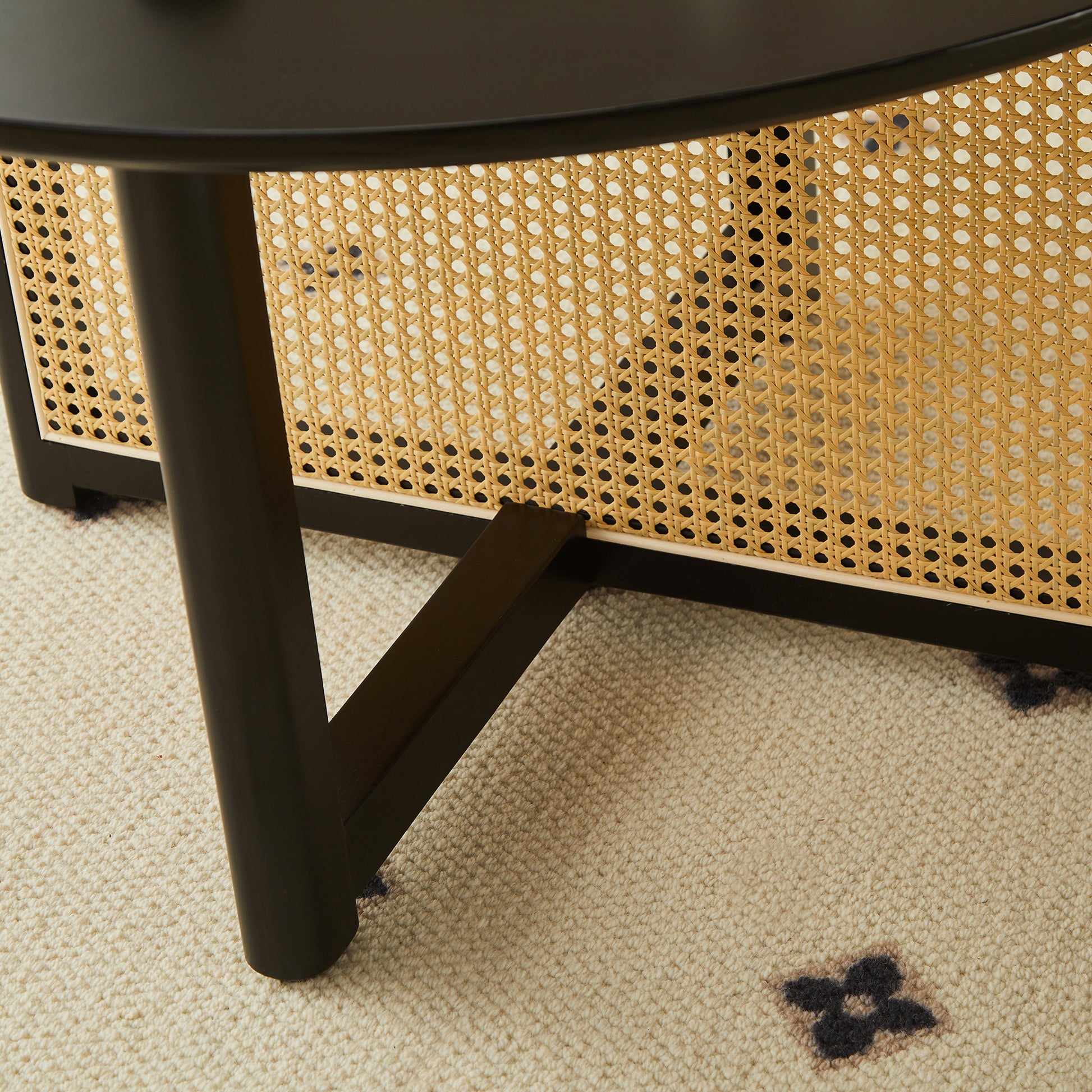 Mid Century Wooden Coffee Table With Pe Cane Stand, 31.5 Inch Round Solid Wood Bohemian Style Coffee Table, Unique Central Cocktail Table For Living Rooms, Apartments And Offices Black Rubber Wood