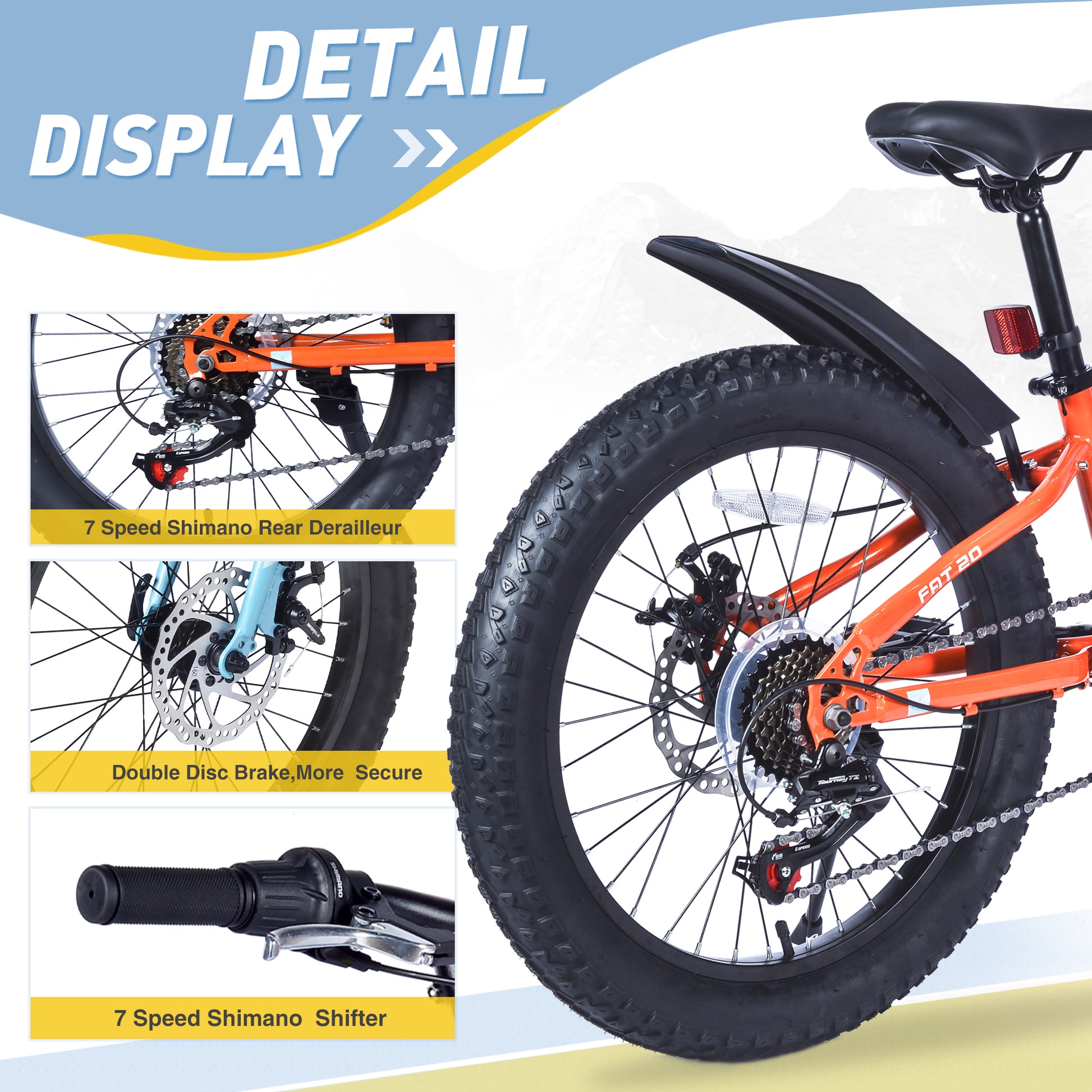 24 Inch Bicyclesfat Tire Mountain Bike For Boys And Girls Age 10 Years ,Dual Disc Brake,Shimano 7 Speed ,Kids Beach And Snow Bicycle Orange Steel