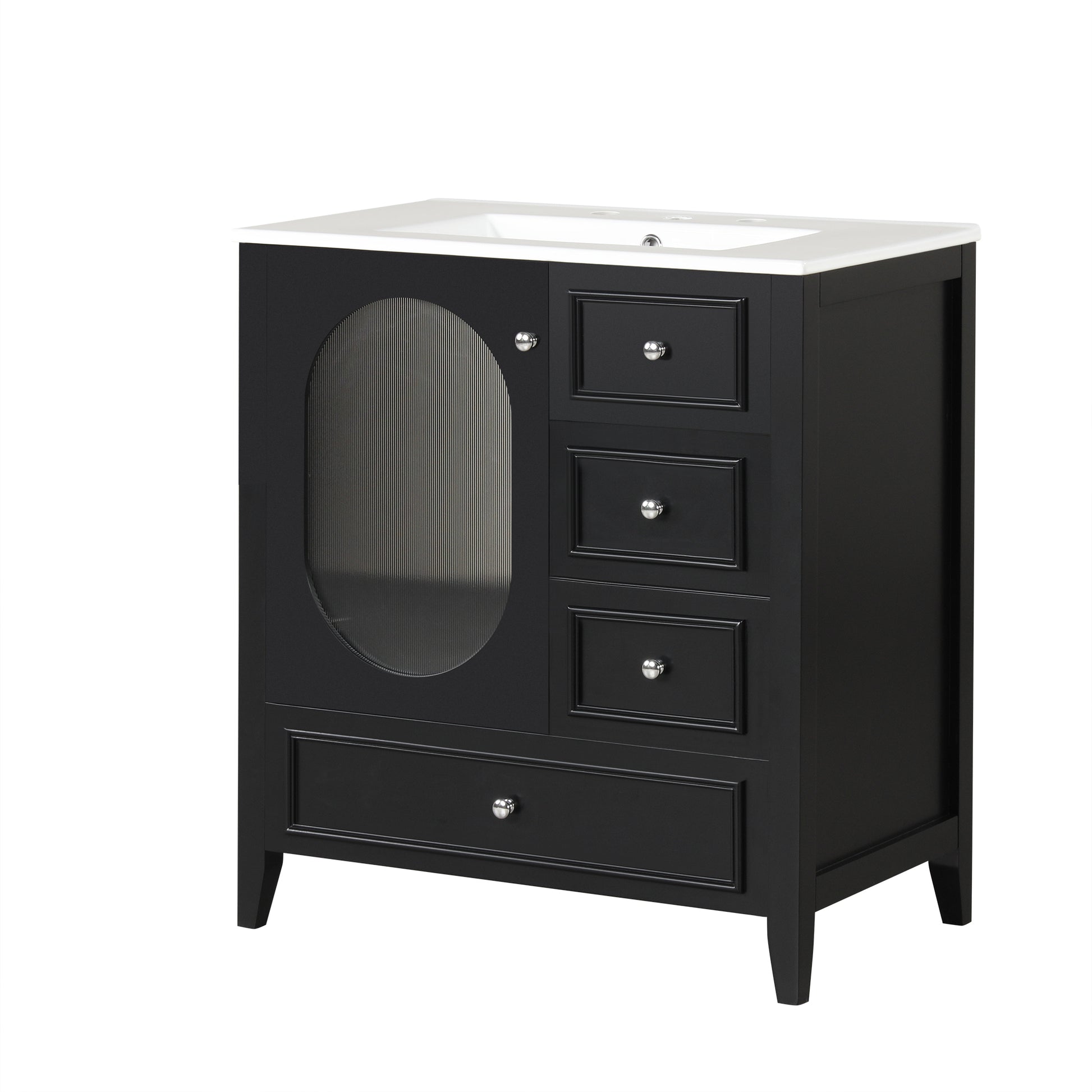 30" Bathroom Vanity With Sink, Bathroom Vanity Cabinet With Three Drawers And Door, Solid Wood And Mdf, Black Black Solid Wood Mdf