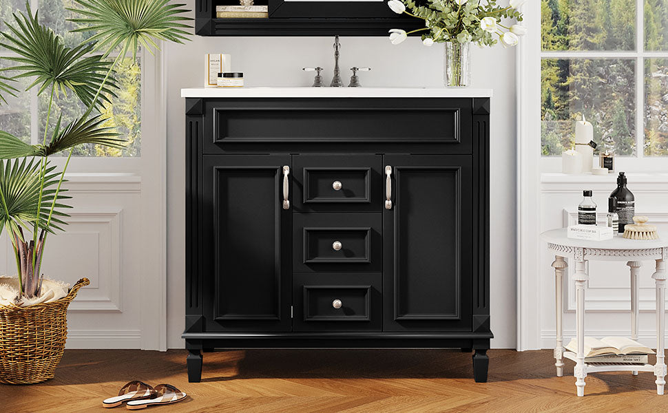 36'' Bathroom Vanity With Top Sink, Modern Bathroom Storage Cabinet With 2 Soft Closing Doors And 2 Drawers, Single Sink Bathroom Vanity Black Bathroom Modern Mdf Ceramic,Solid Wood Mdf