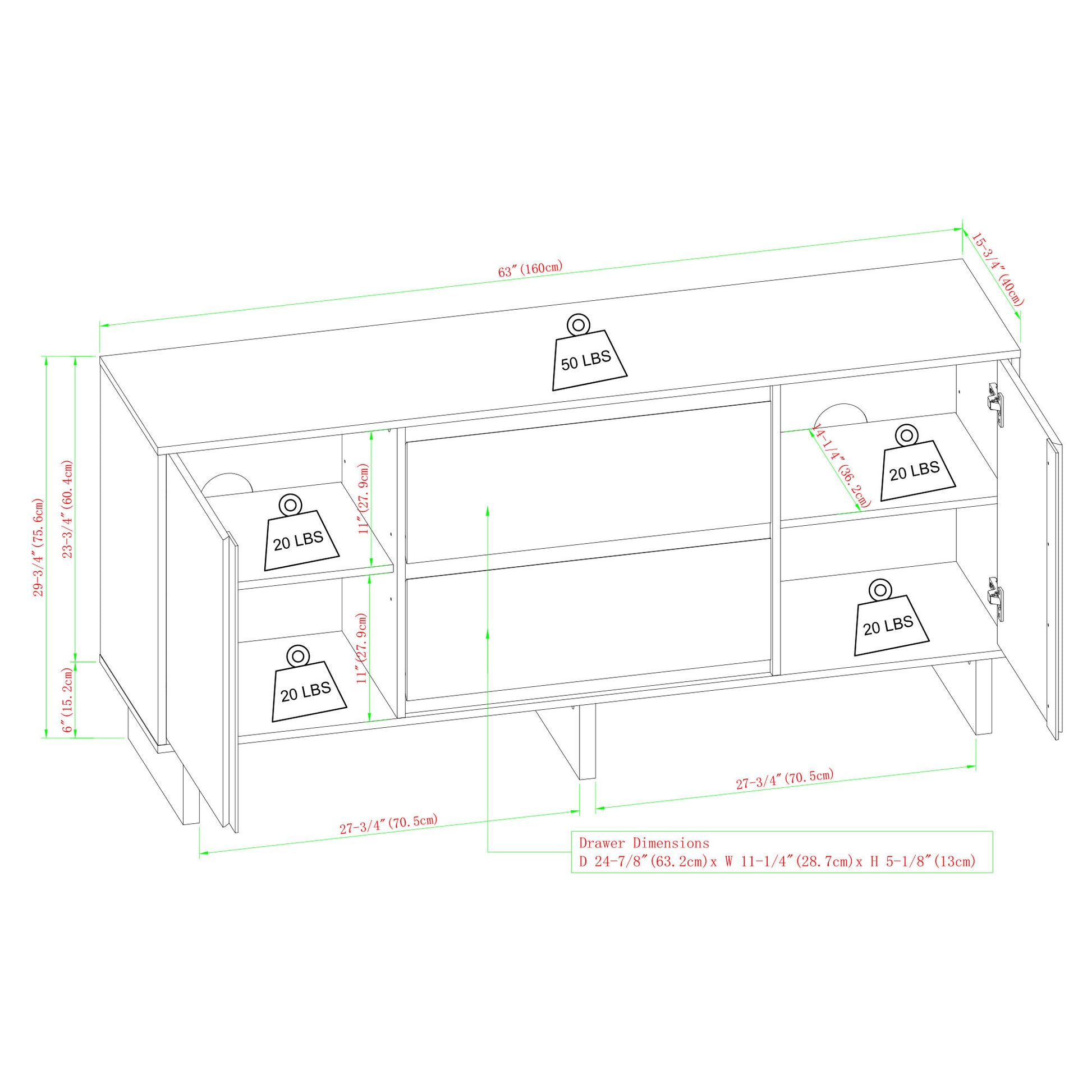 63" Scandi Sideboard With Beveled Drawers, Black Black Mdf Mdf