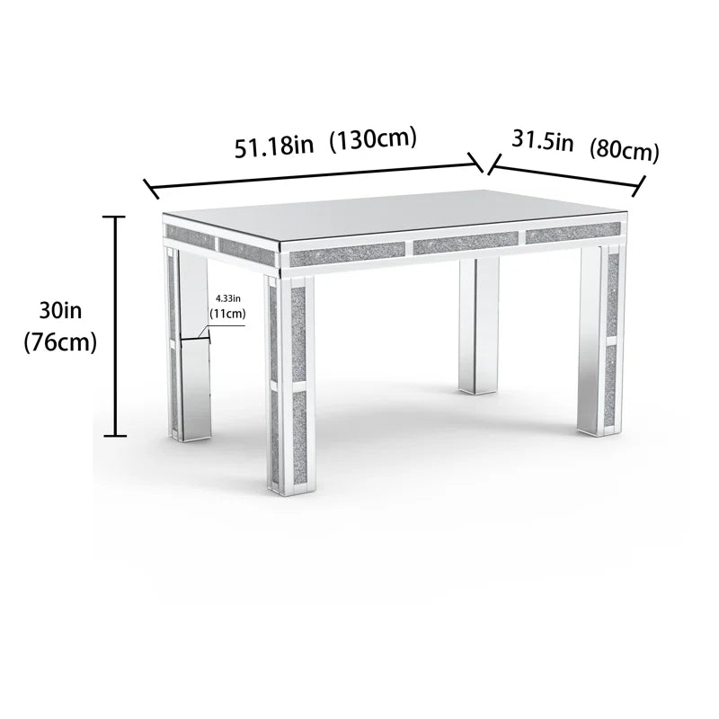 51.18" Mirrored Glass Dining Table With 4 Legs And Crushed Diamond Inlay Silver Seats 6 Mirrored Finish Desk And Hutch Primary Living Space Modern Freestanding Rectangular Kitchen & Dining Tables