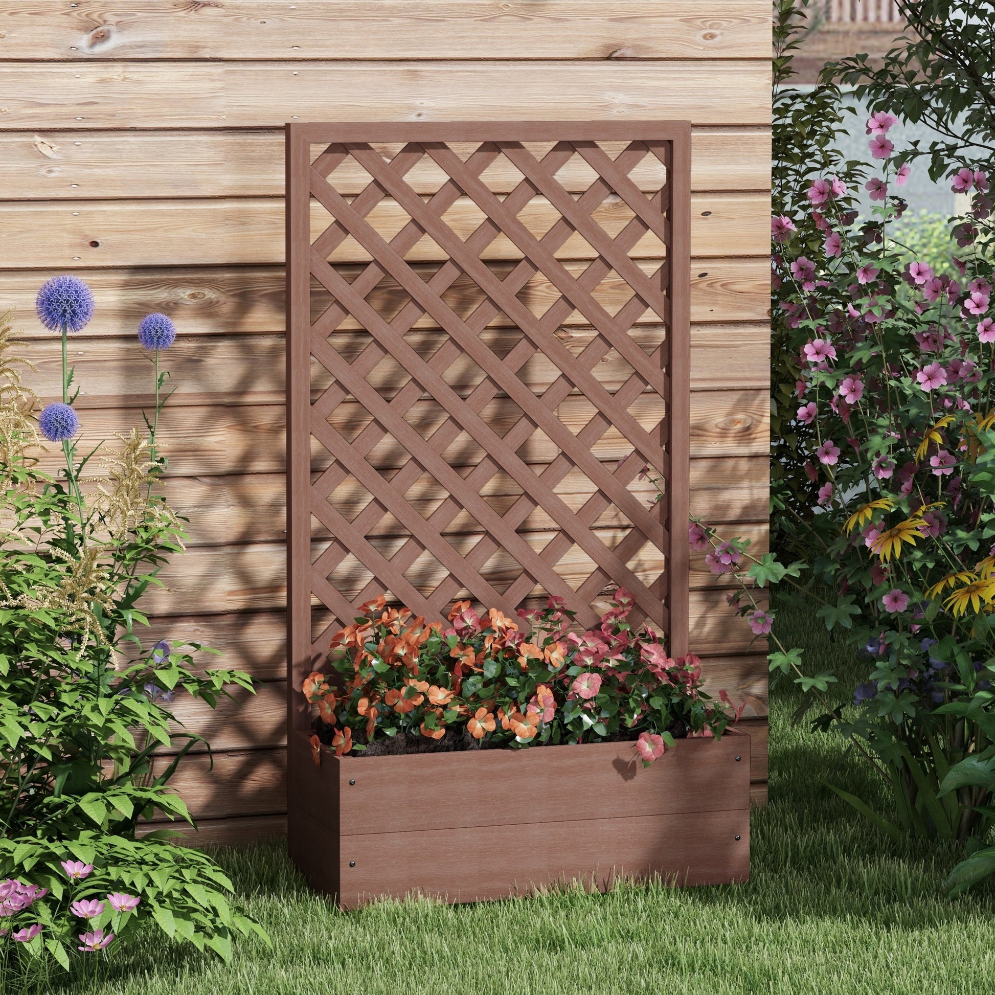 Outsunny Raised Garden Bed With Trellis Lattice, Wood Planter Box With Self Draining Gap, Freestanding Trellis Planter For Climbing Plants, Vines, Flowers, 29.5" X 13.25" X 53.25", Light Brown Light Brown Wood