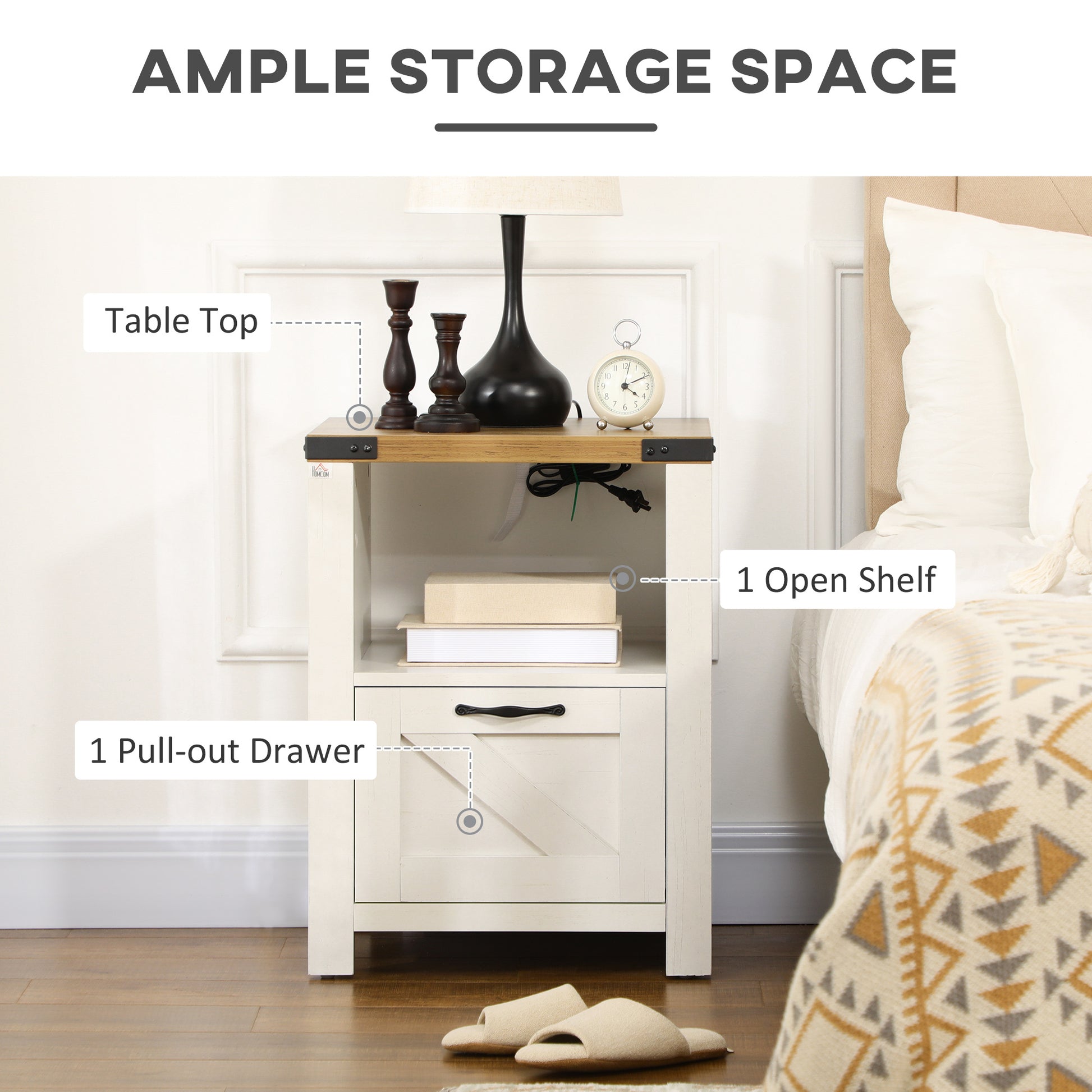 Homcom Farmhouse Side Table With Storage For Living Room White White Particle Board