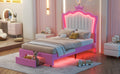 Twin Size Upholstered Bed Frame With Led Lights, Modern Upholstered Princess Bed With Crown Headboard, A Drawer, Pink White Box Spring Not Required Twin Pink White Wood Bedroom Modern Bed Frame Pu