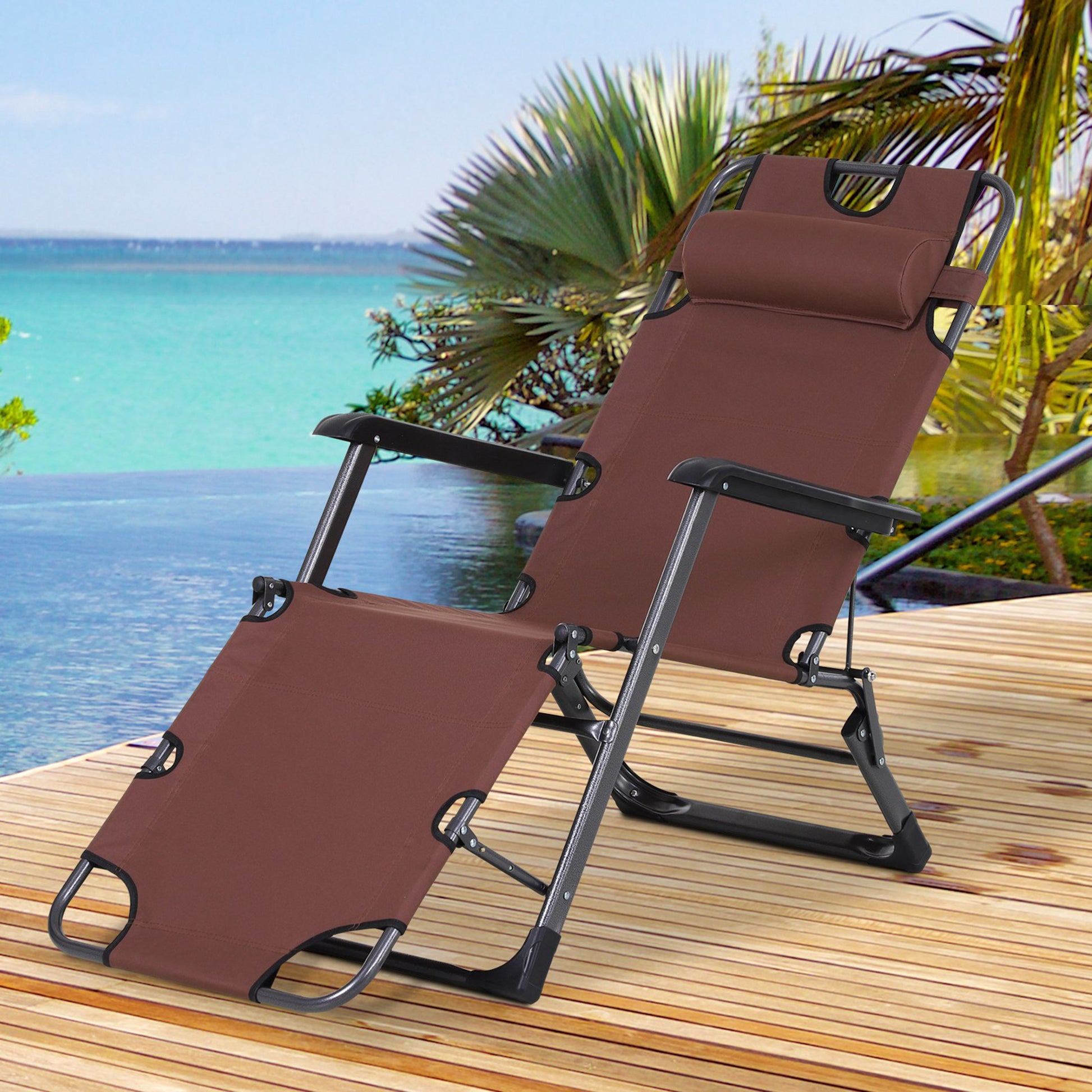 Outsunny Folding Chaise Lounge Chair For Outside, 2 In 1 Tanning Chair With Pillow & Pocket, Adjustable Pool Chair For Beach, Patio, Lawn, Deck, Brown Brown Metal