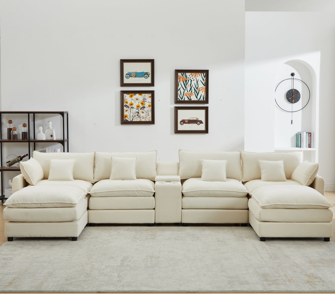 Piece Upholstered Sectional,Sectional Sofa Couch,4 Seat Sectional Couches For Living Room U Shaped Modern Chenille Sofa Sleeper With Coffee Table White White Chenille 4 Seat