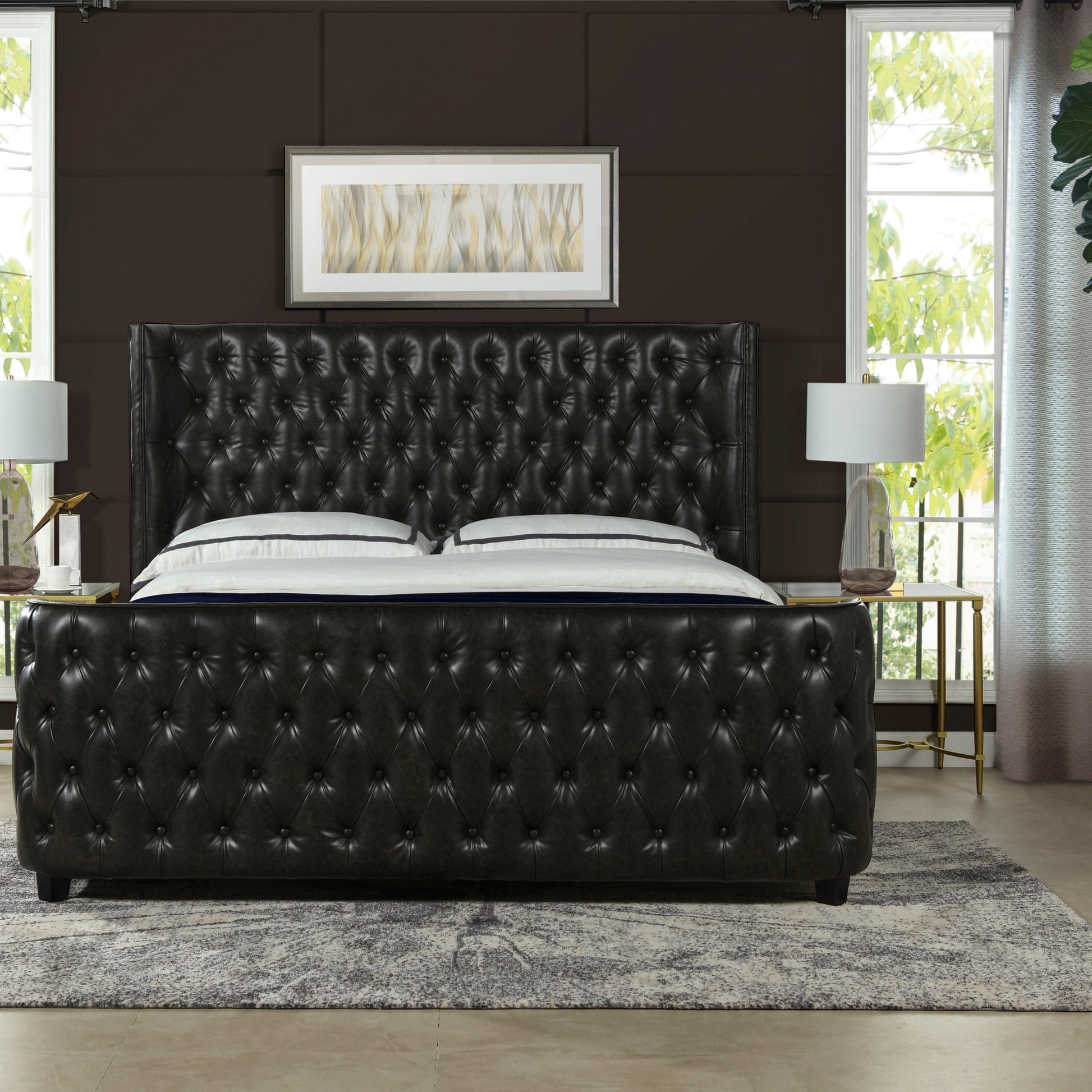 Brooklyn King Tufted Panel Bed Headboard And Footboard Set, Vintage Black Brown Faux Leather Box Spring Required King Black Vintage Wood Foam Faux Leather Faux Leather