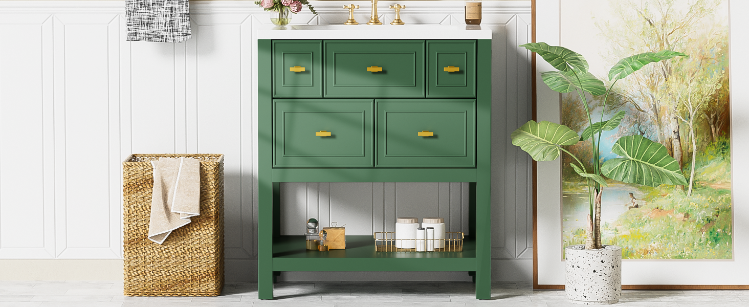 30'' Bathroom Vanity With Resin Sink Combo, Free Standing Single Vanity Set With 5 Drawers, Solid Wood Frame Bathroom Storage Cabinet, Green 4 Green 1 Bathroom Freestanding Modern Solid Wood Mdf Resin Painted