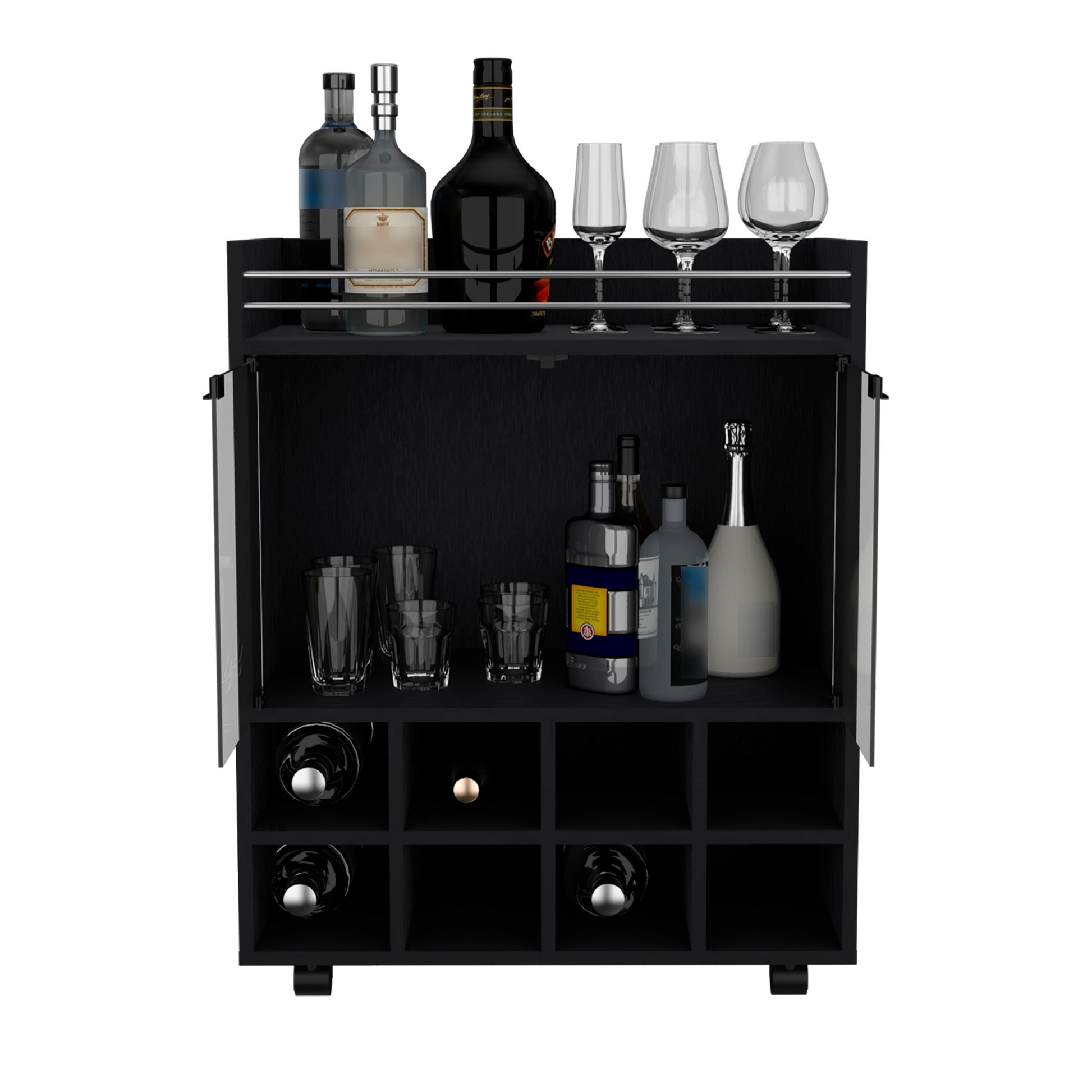 St Andrews Bar Cart With Built In 8 Bottle Rack, Double Glass Door Cabinet, And Aluminum Edged Top Surface Black Primary Living Space Modern Particle Board Engineered Wood