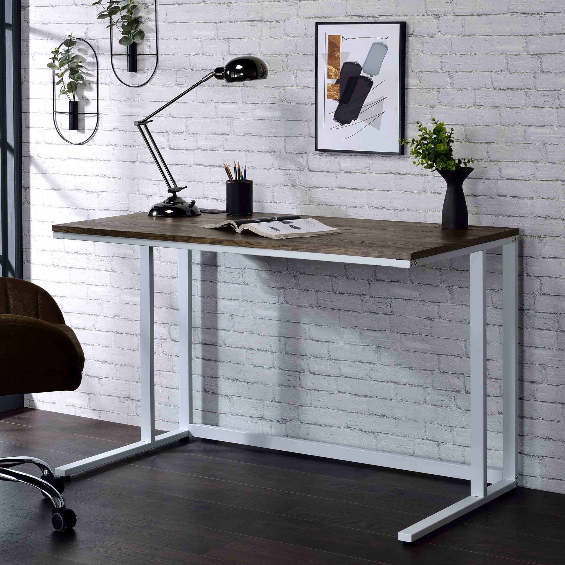 Walnut And White Writing Desk With Usb Port White Walnut Keyboard Tray Computer Desk Office Rectangular Shelves Wood Metal