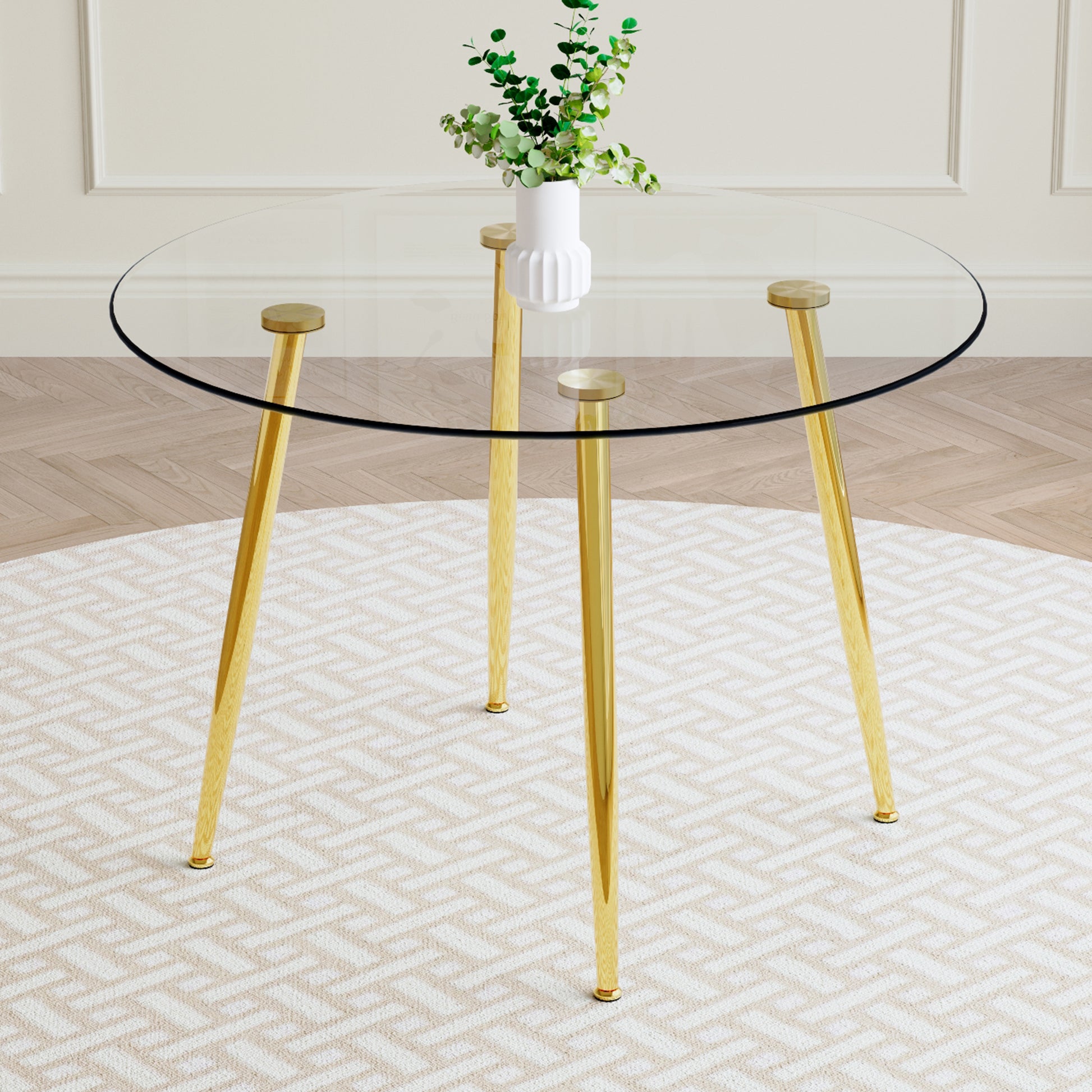 Round Dining Table With Glass Top, Gilded Metal Legs, Exquisite Living, Starting From The Details, The Gold Legs Show An Extraordinary Texture, Which Is The Finishing Touch To Your Home Transparent Glass Metal