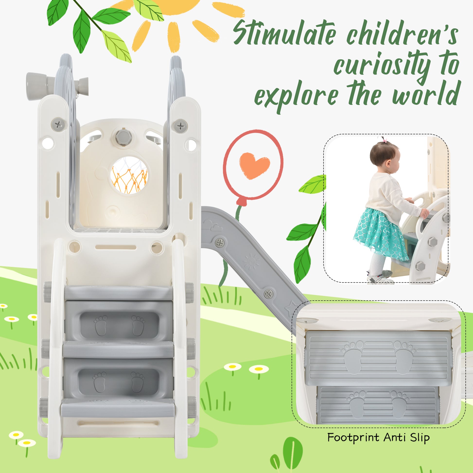 7 In 1 Toddler Slide Set, Freestanding Space Set With Slide, Kids Slide Playset Structure, Arch Tunnel And Basketball Hoop, Toy Storage Organizer For Toddlers, Kids Climbers Playground Grey White 50 99 Lbs Cute 1 To 2 Years Hdpe Indoor & Outdoor Use