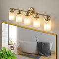 5 Light Golden Bathroom Vanity Light Fixture, Frosted Glass Shades, Modern Wall Mounted Lighting No Bulbs Golden Glass Iron