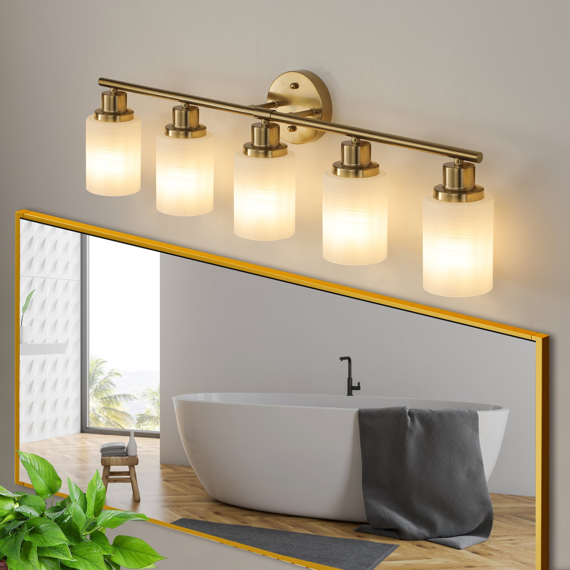 5 Light Golden Bathroom Vanity Light Fixture, Frosted Glass Shades, Modern Wall Mounted Lighting No Bulbs Golden Glass Iron