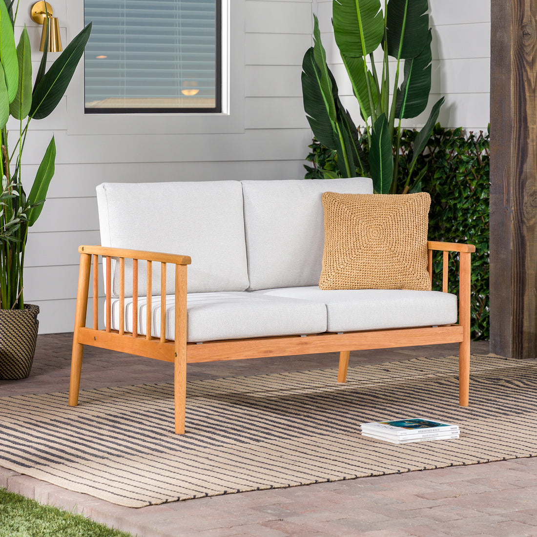 Contemporary Cushioned Eucalyptus Wood Patio Loveseat Natural Natural Eucalyptus Eucalyptus