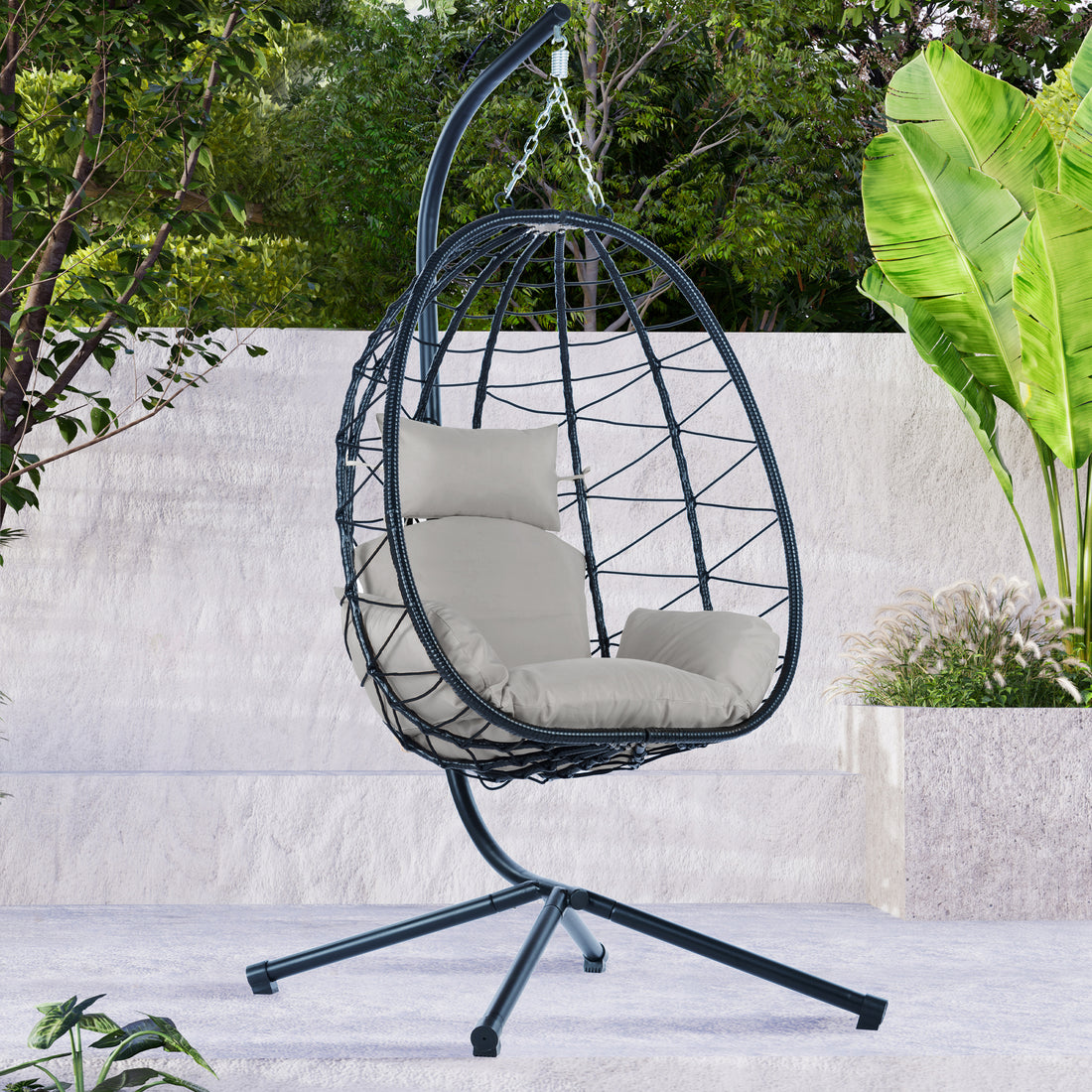 Egg Chair With Stand Indoor Outdoor Swing Chair Patio Wicker Hanging Egg Chair Hanging Basket Chair Hammock Chair With Stand For Bedroom Living Room Balcony Yes Sectional Light Gray Water Resistant