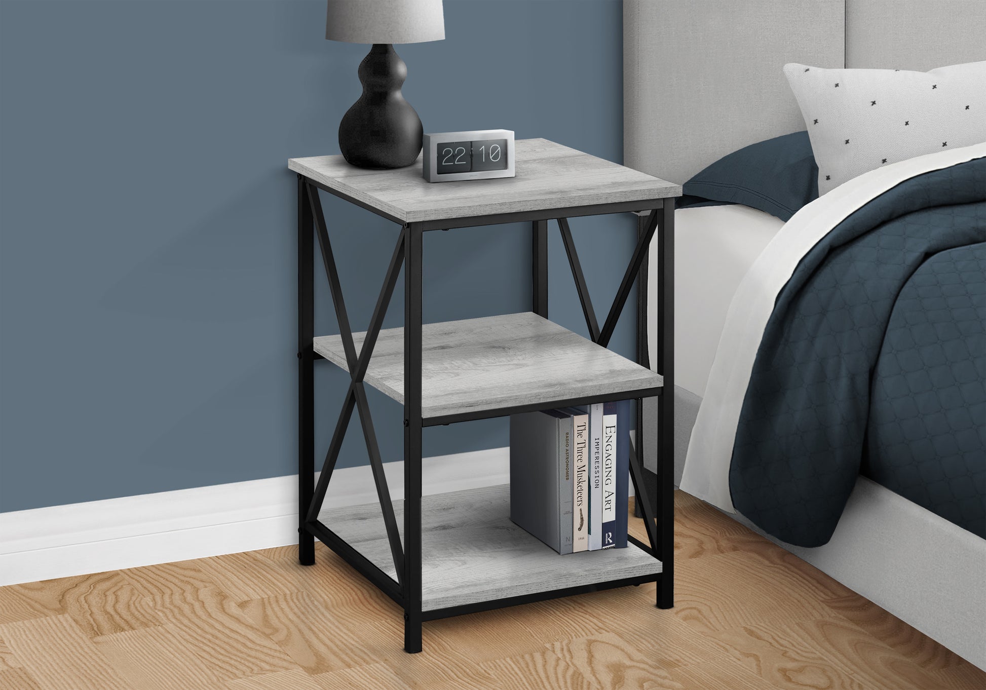 Accent Table, Side, End, Nightstand, Lamp, Living Room, Bedroom, Grey Laminate, Black Metal, Contemporary, Modern Grey Metal