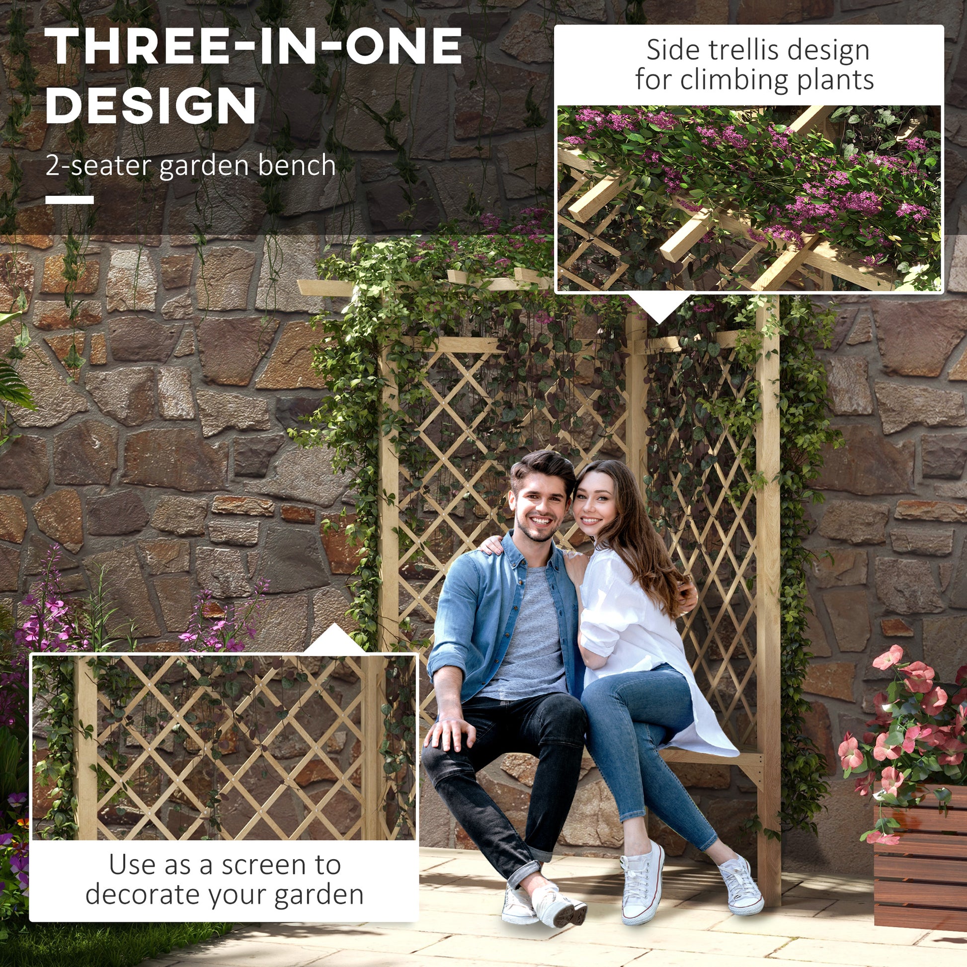 Outsunny 55" Garden Benches For Outdoors, Wooden Park Benches For Outside With Slatted Seat, Front Ponch With Screen Backrest, Climbing Vine, For Lawn, Park, Deck, Natural Natural Wood