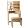 Vanity Desk Set Stool & Dressing Table With Led Lighting Mirror Drawer And Compartments Modern Wood Cosmetic Table Chest Of Drawers Nature Color Natural Wood Particle Board