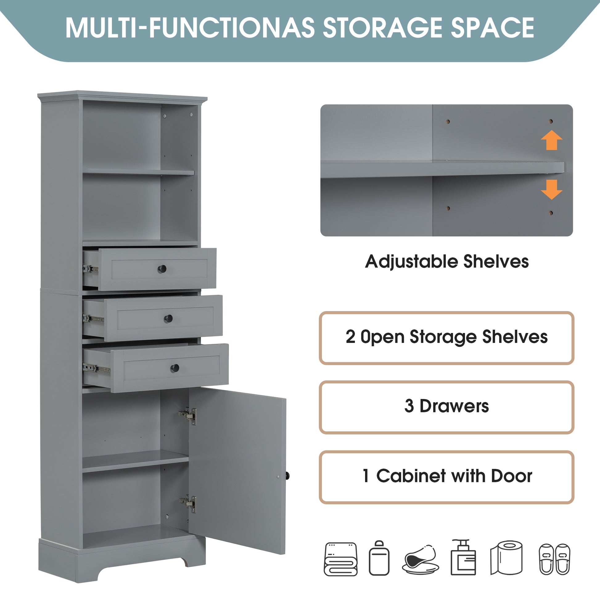 Gray Tall Storage Cabinet With 3 Drawers And Adjustable Shelves For Bathroom, Study, Office And Interior, Mdf Board With Painted Finish Gray Mdf