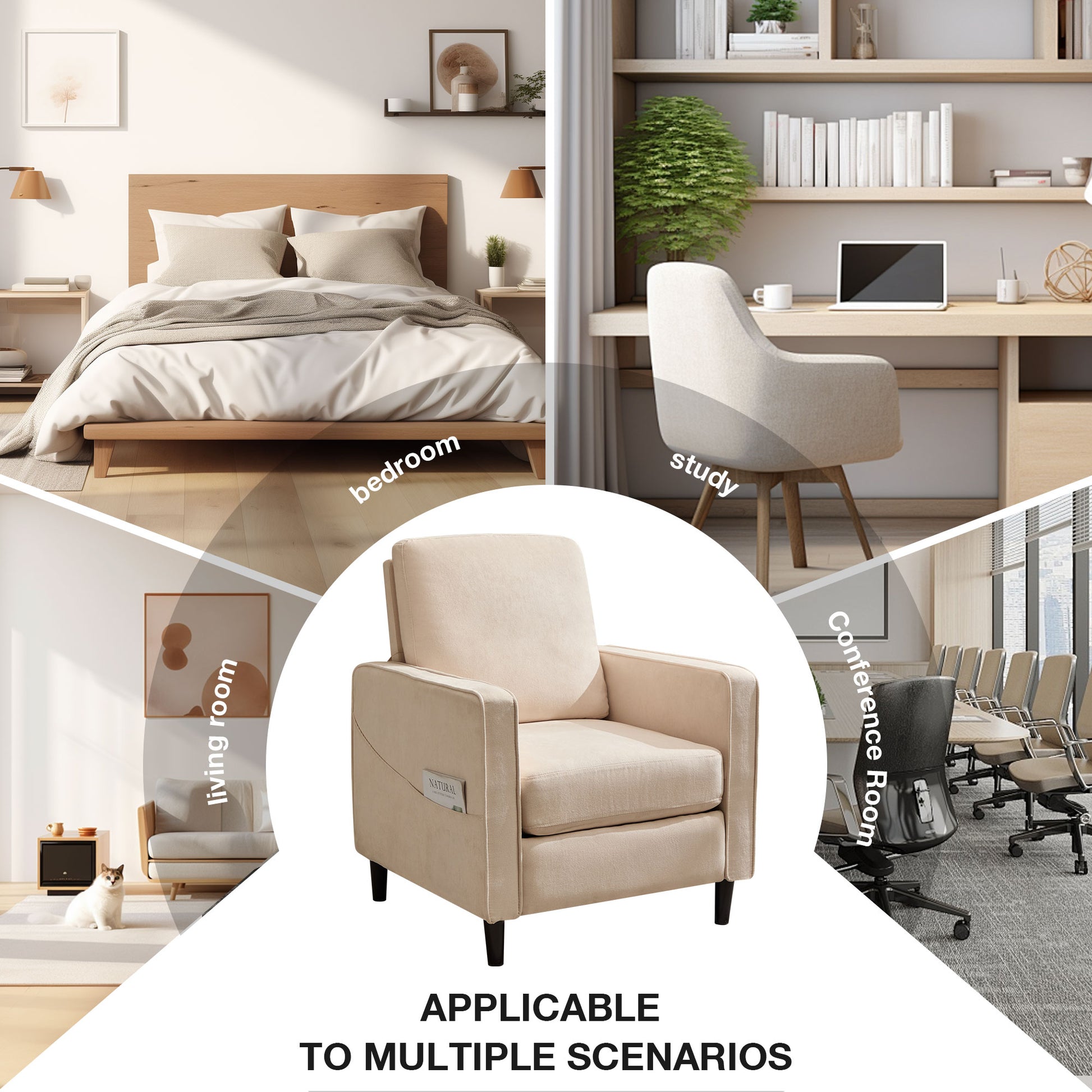 Mid Century Accent Chair ,Modern Linen Fabric Armchair For Living Room,Double Side Pockets, Comfortable And Padded Reading Feature Sofa Chair, Suitable For Bedrooms, Living Rooms, And Offices,Beige Beige Linen