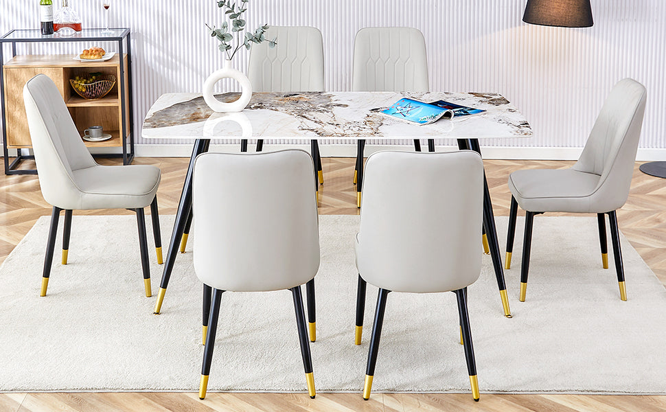 Modern Minimalist Dining Table. Imitation Marble Patterned Stone Burning Tabletop With Black Metal Legs.Modern Dining Chair With Pu Artificial Leather Backrest Cushion And Black Metal Legs.F 001 C 007 Grey Sintered Stone