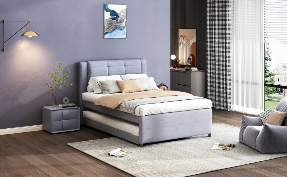 Full Size Upholstery Platform Bed With Trundle,Trundle Can Be Flat Or Erected, Gray Box Spring Not Required Full Gray Bedroom Linen Upholstered