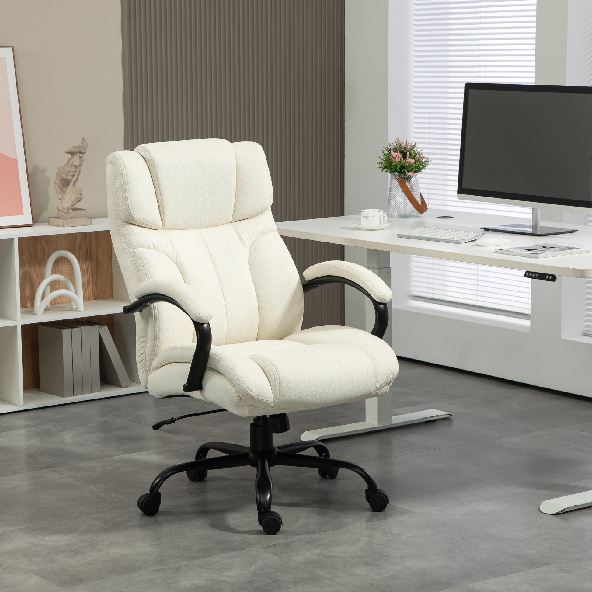 Vinsetto 500Lbs Big And Tall Office Chair With Wide Seat, Executive Computer Chair With Adjustable Height, Swivel Wheels And Linen Finish, Cream White Cream White Linen