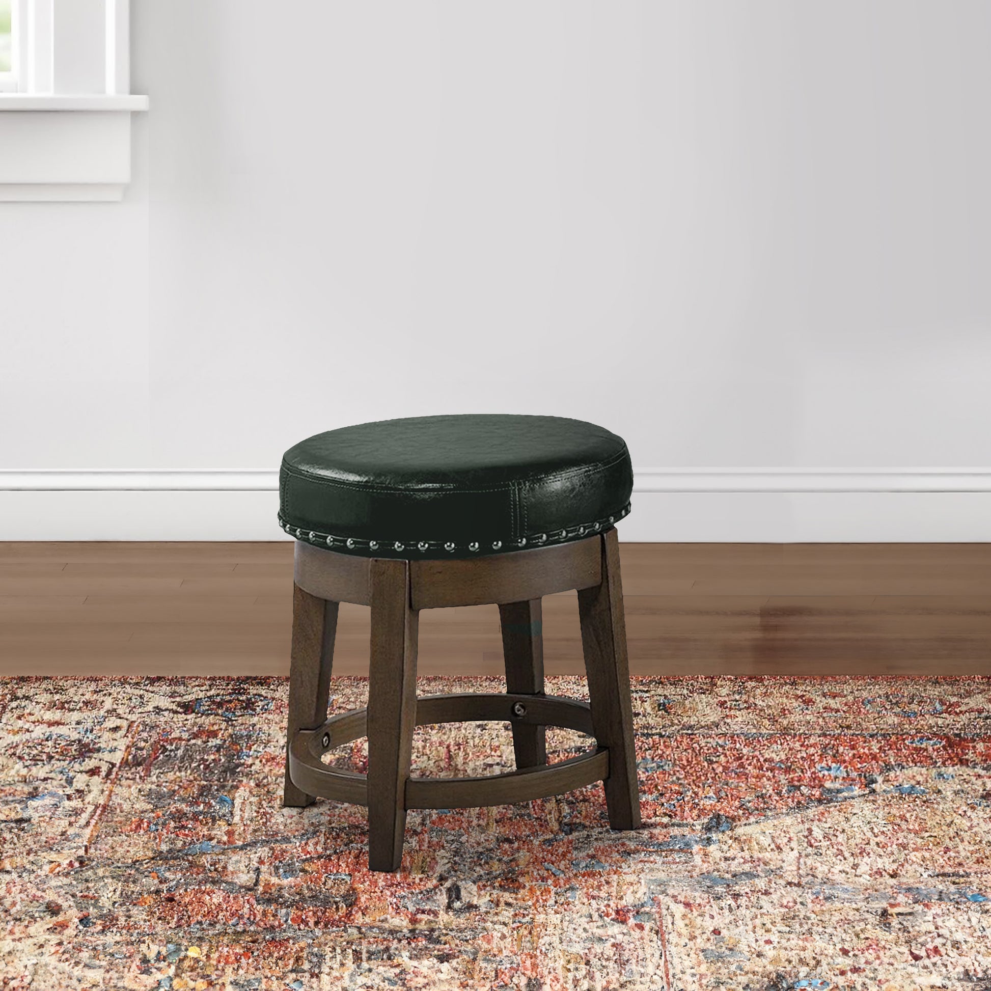 Drue 18 Inch Set Of 2 Swivel Stools, Trim, Green Faux Leather Dark Green Solid Wood