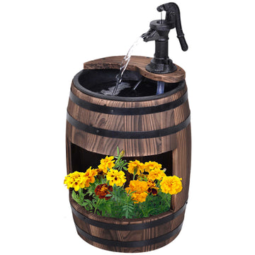 Outsunny 23" H Outdoor Water Fountain Wood And Metal Rustic Apple Barrel Pump Garden Decor For Outside Backyard Brown Wood