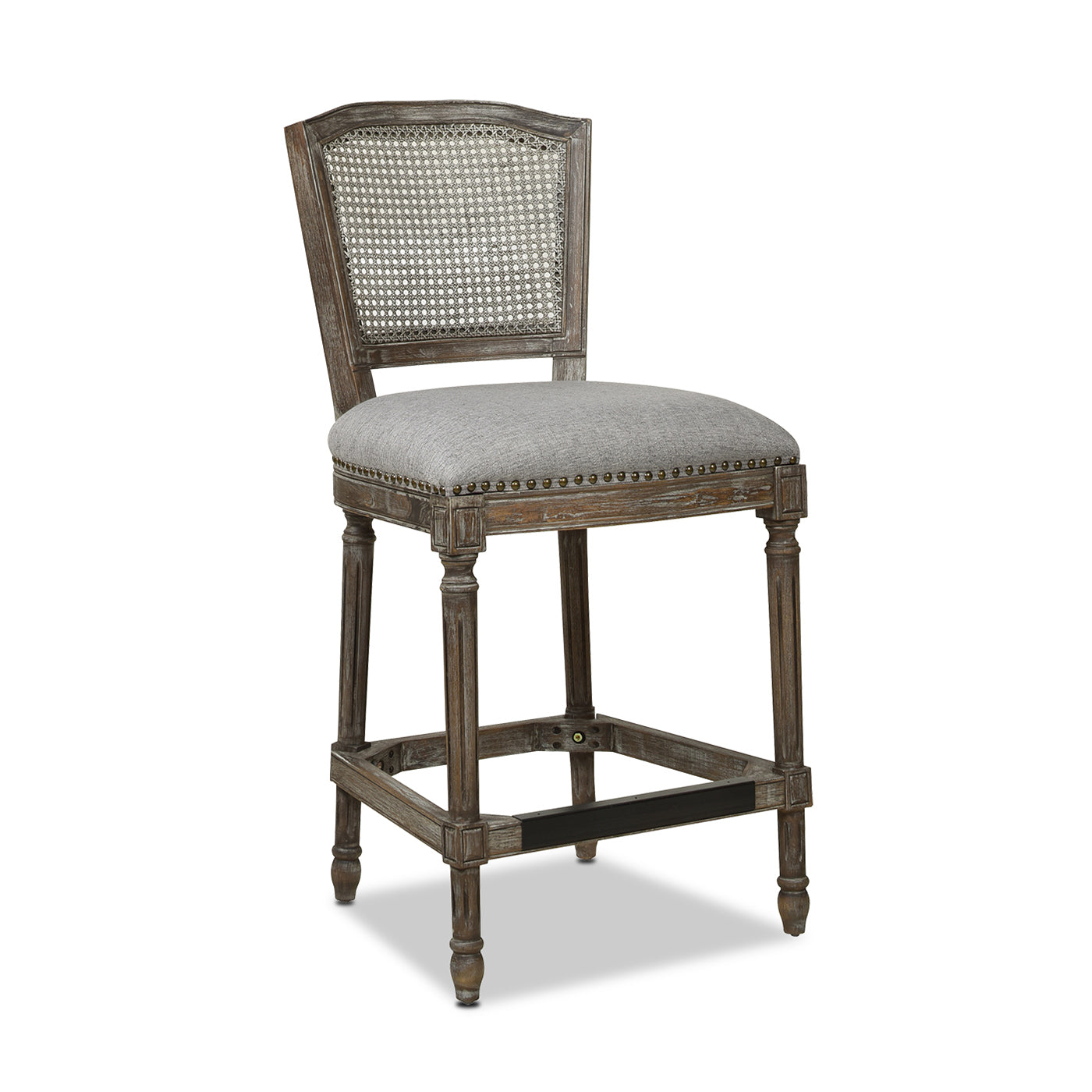 Triomphe Rattan Wicker High Back Armless Counter Bar Stool, Heathered Grey Linen Gray Foam Wood Fabric Rattan