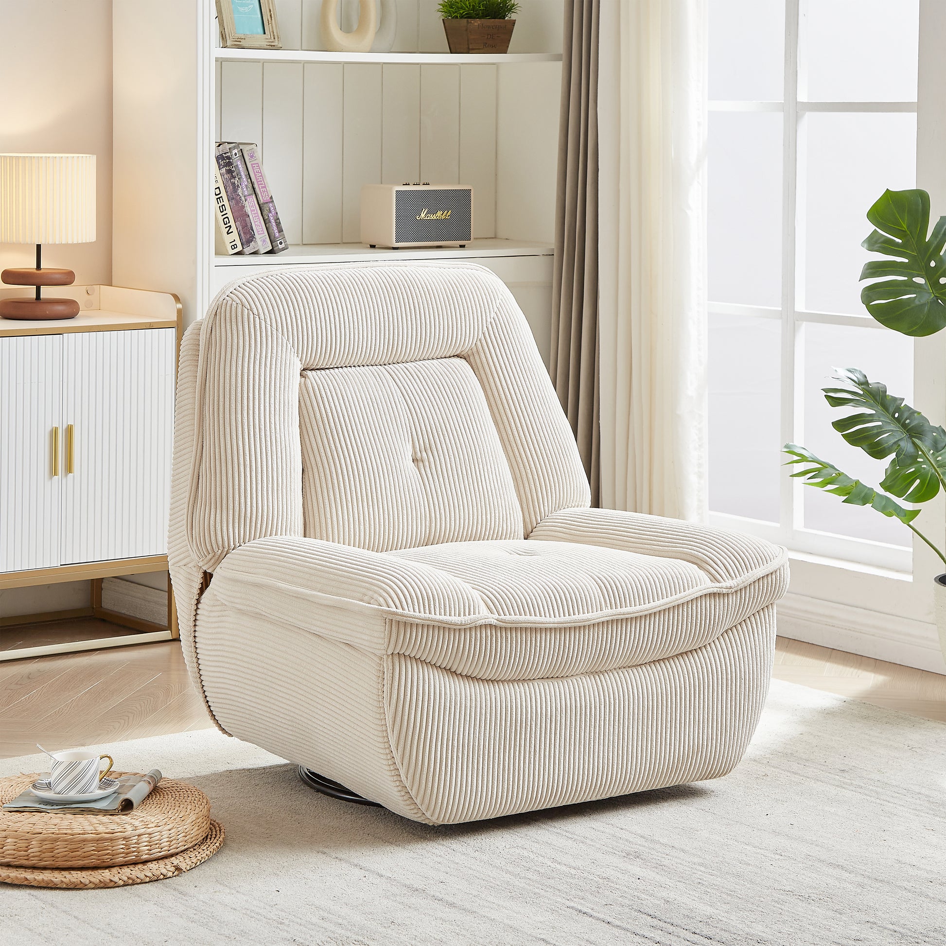 Video 360 Degree Corduroy Swivel Upholstered Manual Recliner Chair,Theater Recliner Sofa,Nursery Glider Rocker For Living Room Beige Corduroy