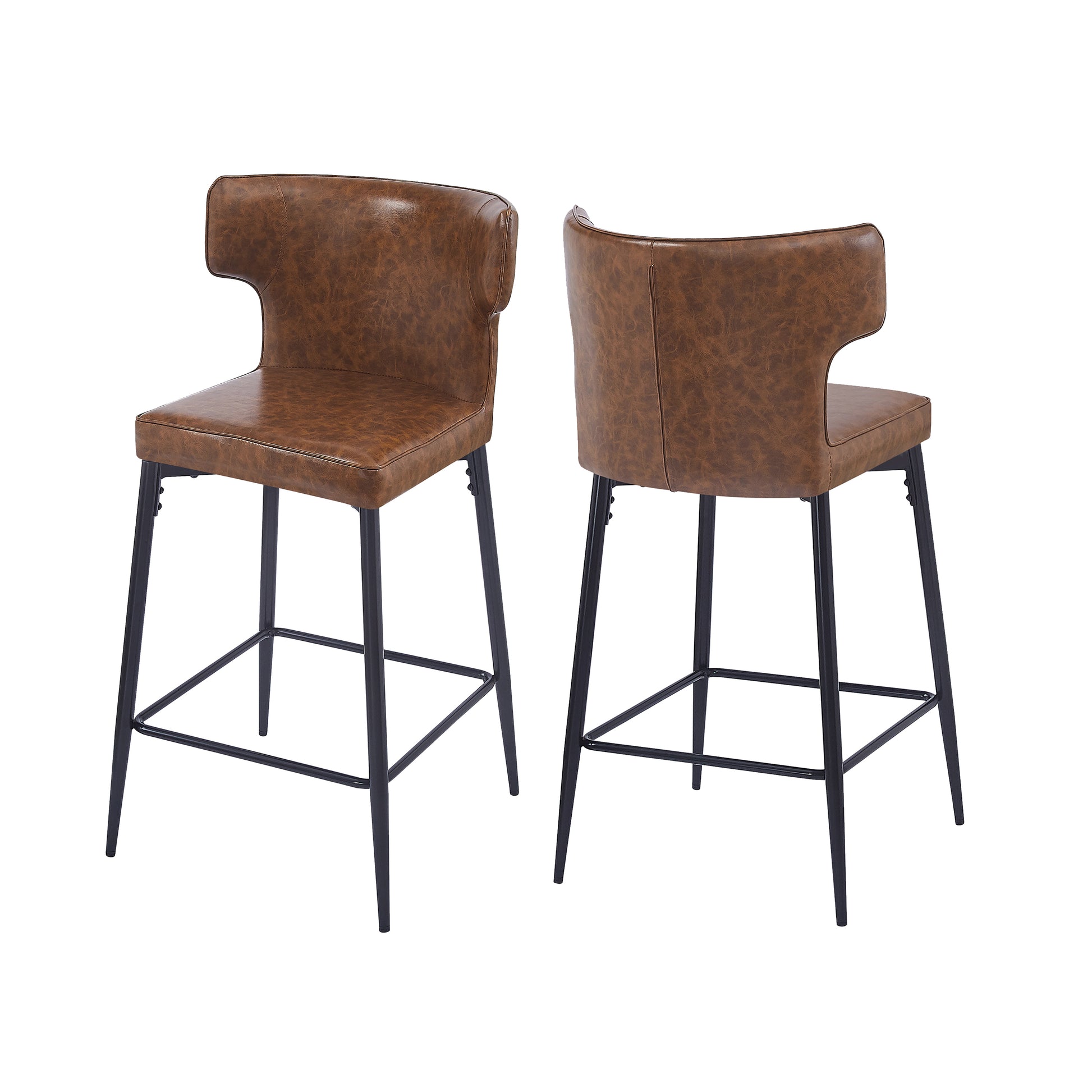 28Inch Counter Height Bar Stools Set Of 2, Modern Bar Upholstered Chairs With Pu Leather, Metal Footrest And Frame For Kitchen Island, Bar Table, Dining Room, Brown Solid Kitchen Solid Back Set Of 2