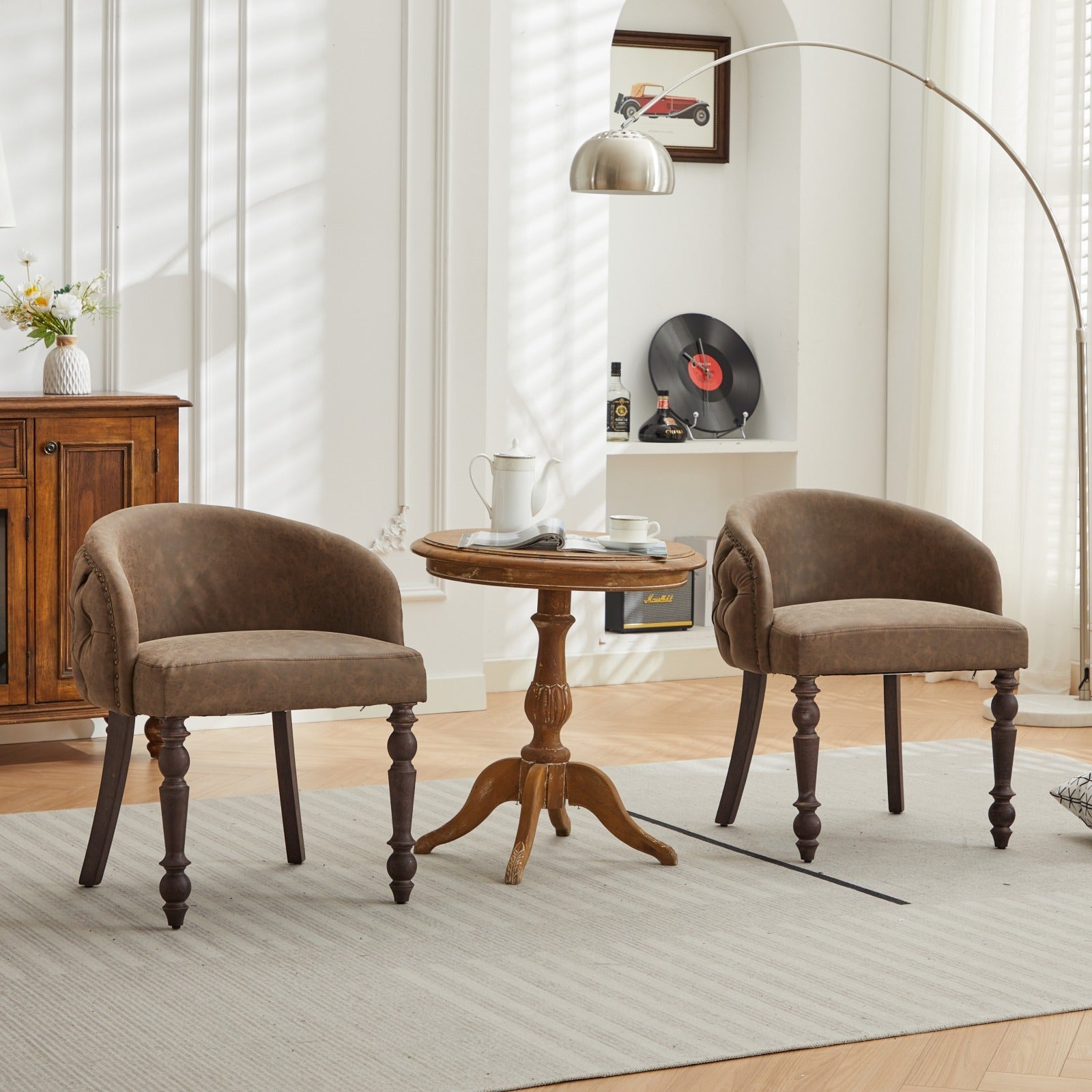 Hand Pulled Buckle Decoration Pu Dining Chair,Accent Leisure Chair, Mid Century Modern Arm Chair With Solid Wood Armrests And Legs, 1 Seat Cushioned Sofa For Living Room Bedroom,Brown Color,Sw1865Br Brown American Design Rubberwood Foam Pu