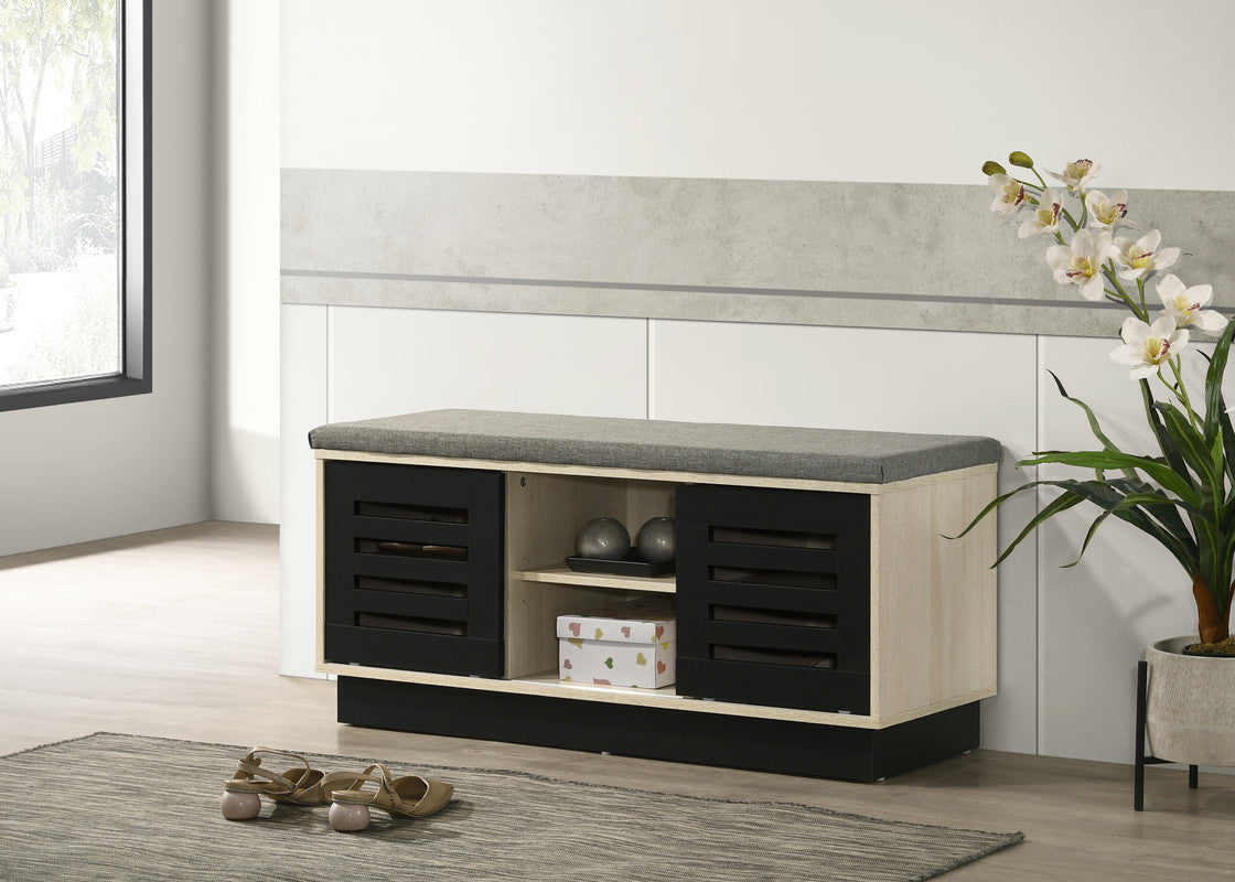 Brett 38.5"W Oak Finish Shoe Cabinet With Sliding Doors, Upholstered Top Oak Engineered Wood