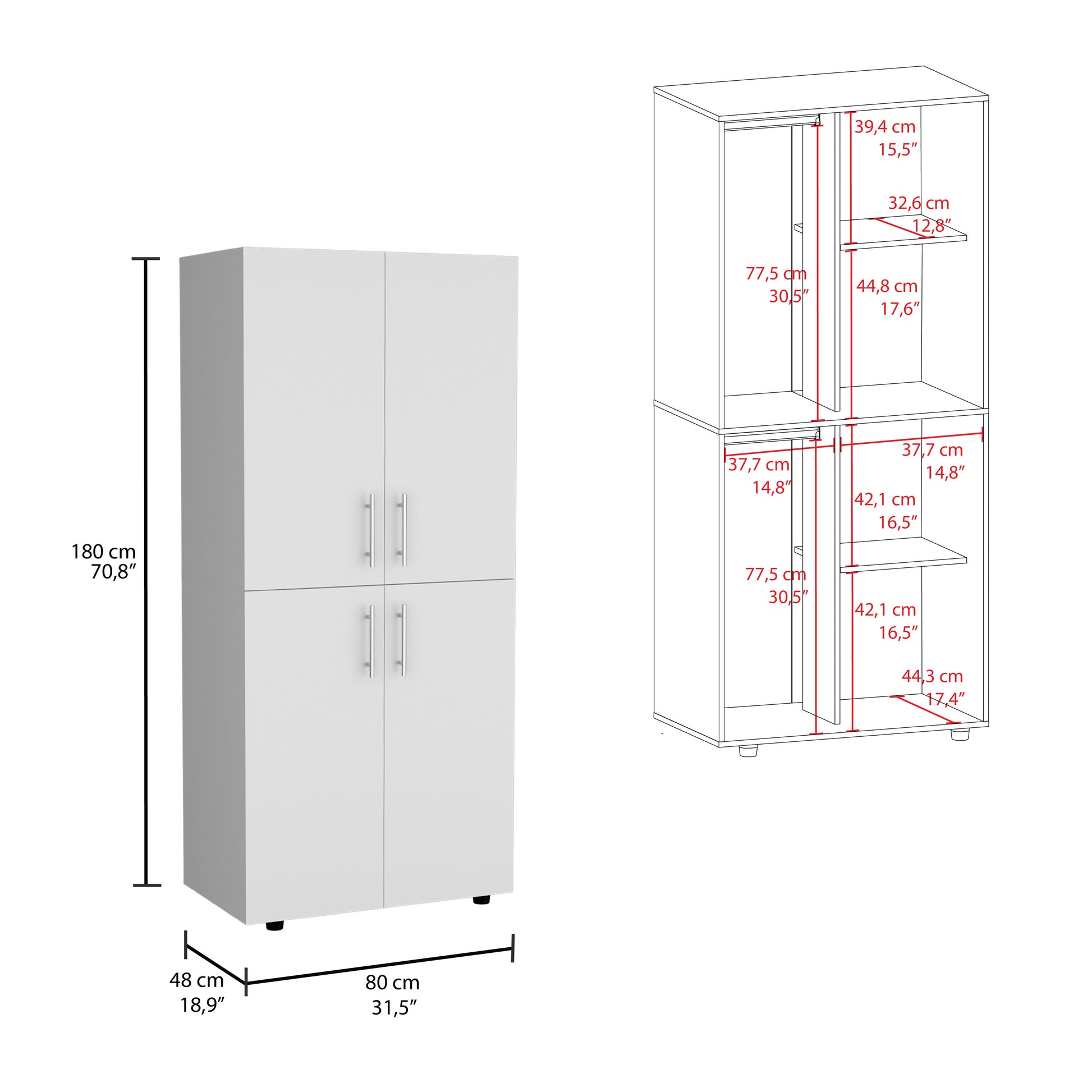 Hazel 70" High Four Door Armoire Wardrove Closet Cabinet, Six Shelves And Two Hanging Rods, Bedroom Clothes Storage Cabinet Organizer White Bedroom Modern Particle Board