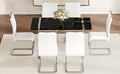 Table And Chair Set.A Rustic Industrial Rectangular Mdf Black Dining Table With Mdf Desktop And Electroplated Silver Metal Legs.Paried With 6 Chairs With Pu Cushion And Metal Legs. White Black Seats 6 Mdf Metal