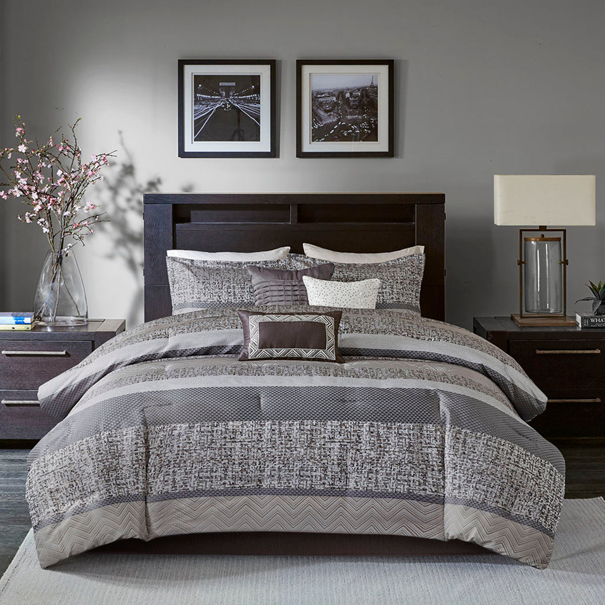 7 Piece Jacquard Comforter Set Grey Taupe Queen Queen Grey Taupe Polyester