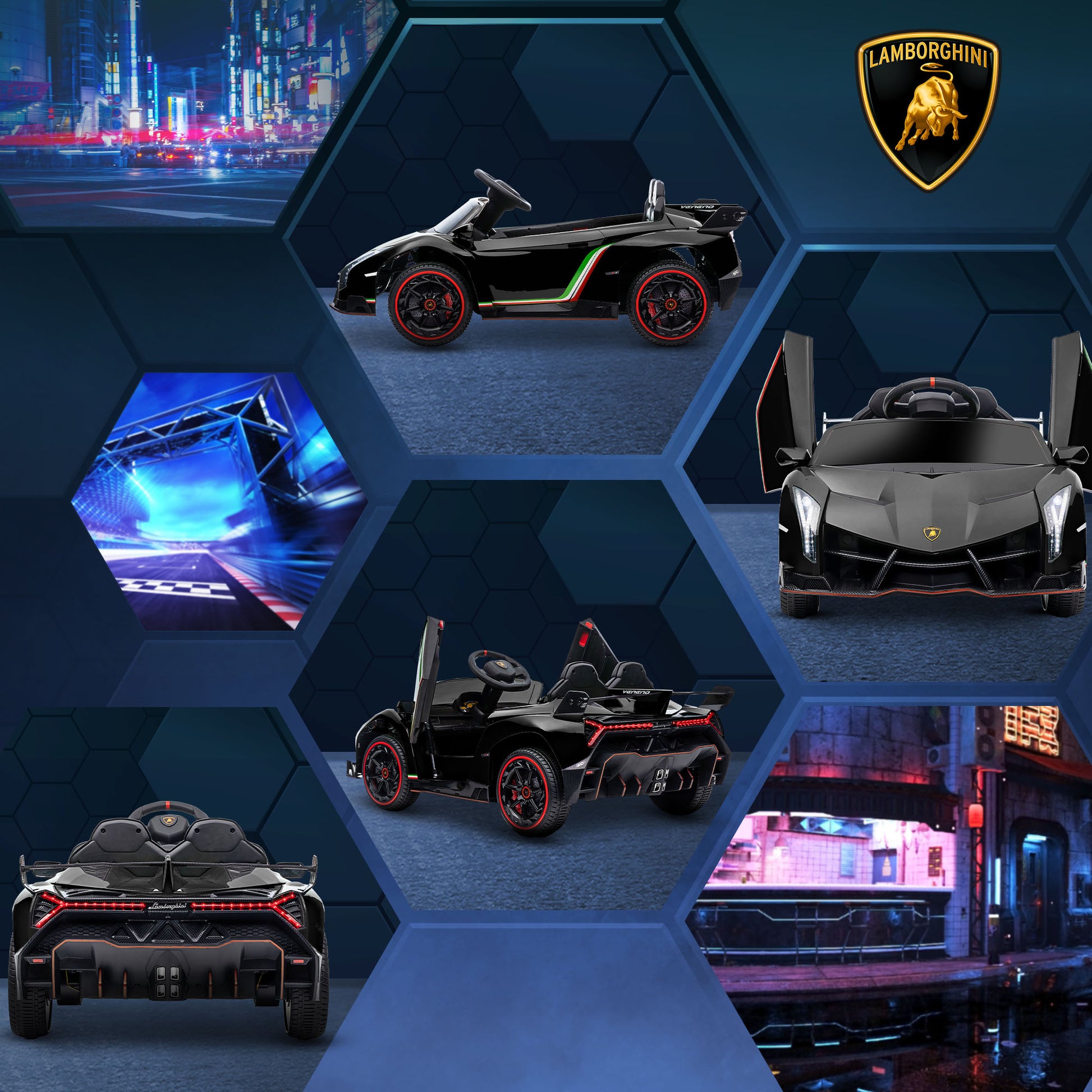 Aosom Lamborghini Veneno Licensed Kids Electric Car With Bluetooth, 12V Ride On Car With Butterfly Doors, Remote Control, Portable Battery, Suspension System, Horn, Songs, Lights, Black Black