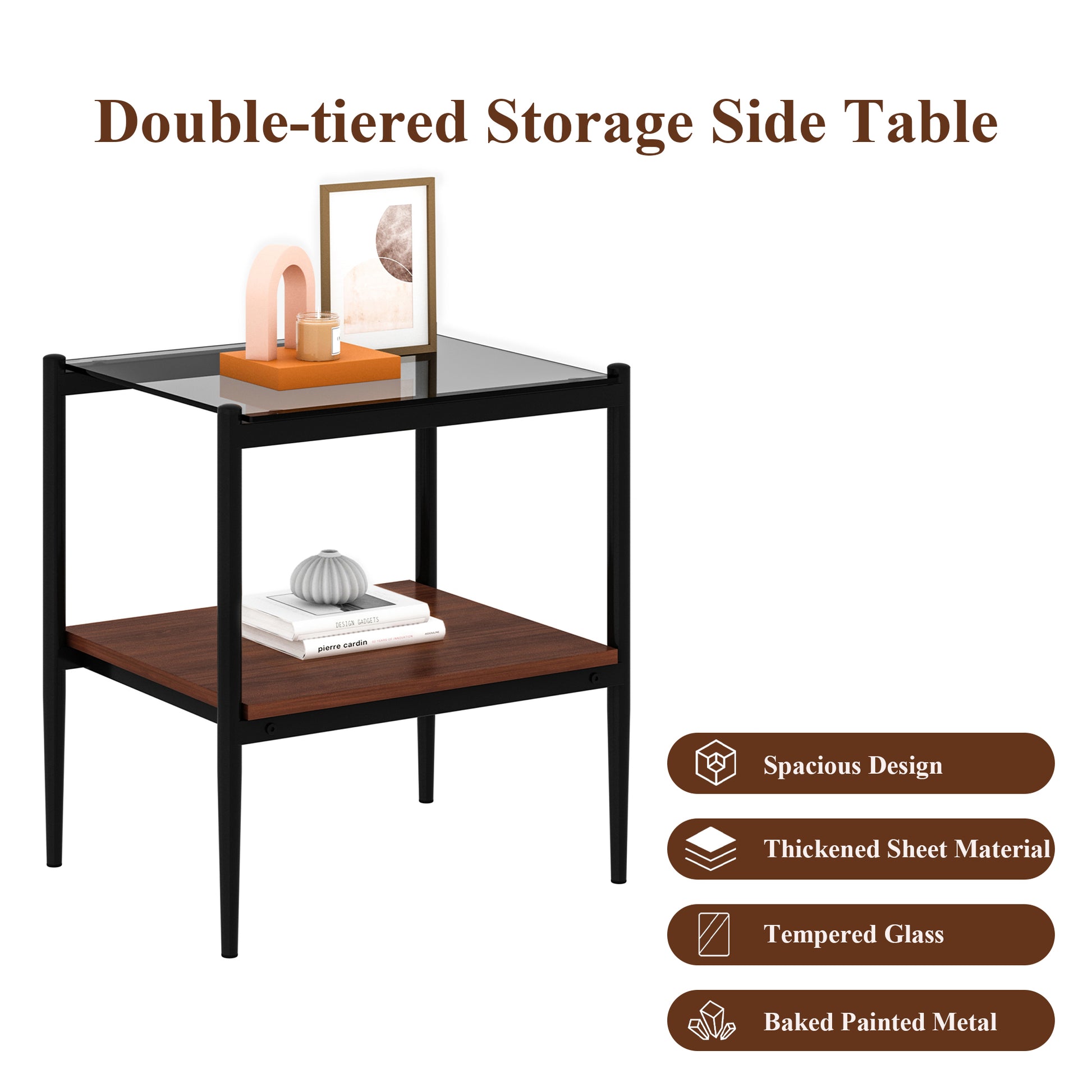 Set Of 2 Rectangle End Table, Tempered Glass Tabletop With Mdf Layer, Modern Table For Living Roomgray Glass Gray Tempered Glass